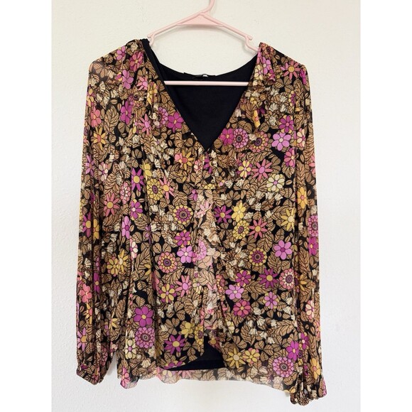Jane And Delancey Fall Floral Top Retro Groovy 80s Disco Shirt Size L - Picture 1 of 6